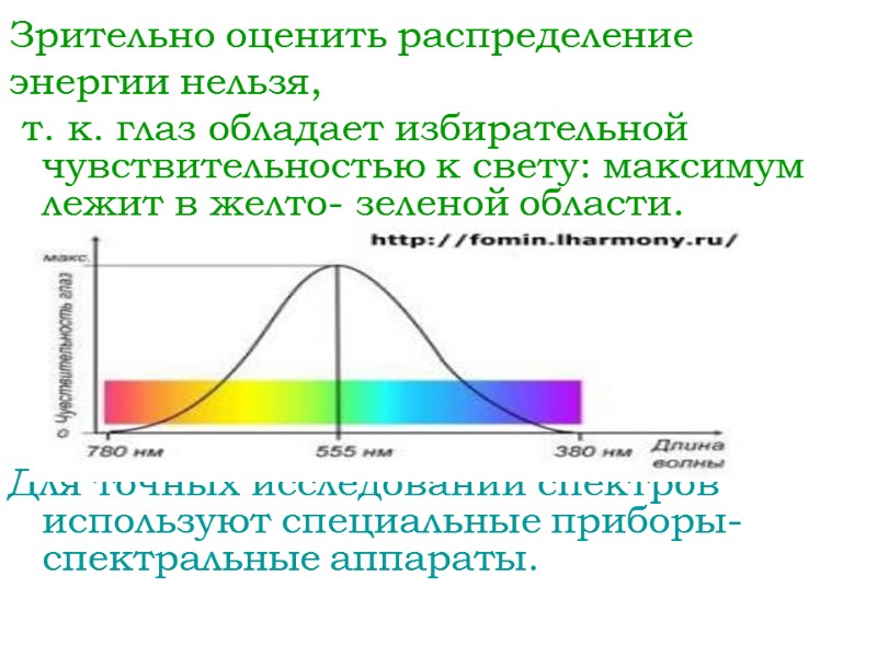 Зрительно оценить распределение  энергии нельзя,  т. к. глаз обладает избирательной чувствительностью к